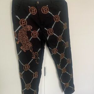 Black Pants with Tiger and Chain Design